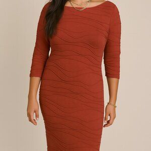 Sharagano Rust Textured Bodycon Dress 3/4 Sleeve Size 4 EUC